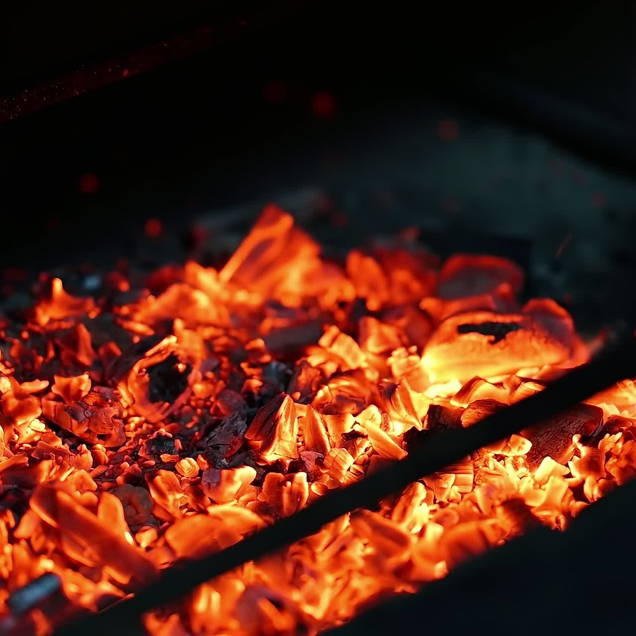 Burning up logs on campfire. Detailed motion of fire on black wood smoldering. Wooden logs in vivid flame. Close-up