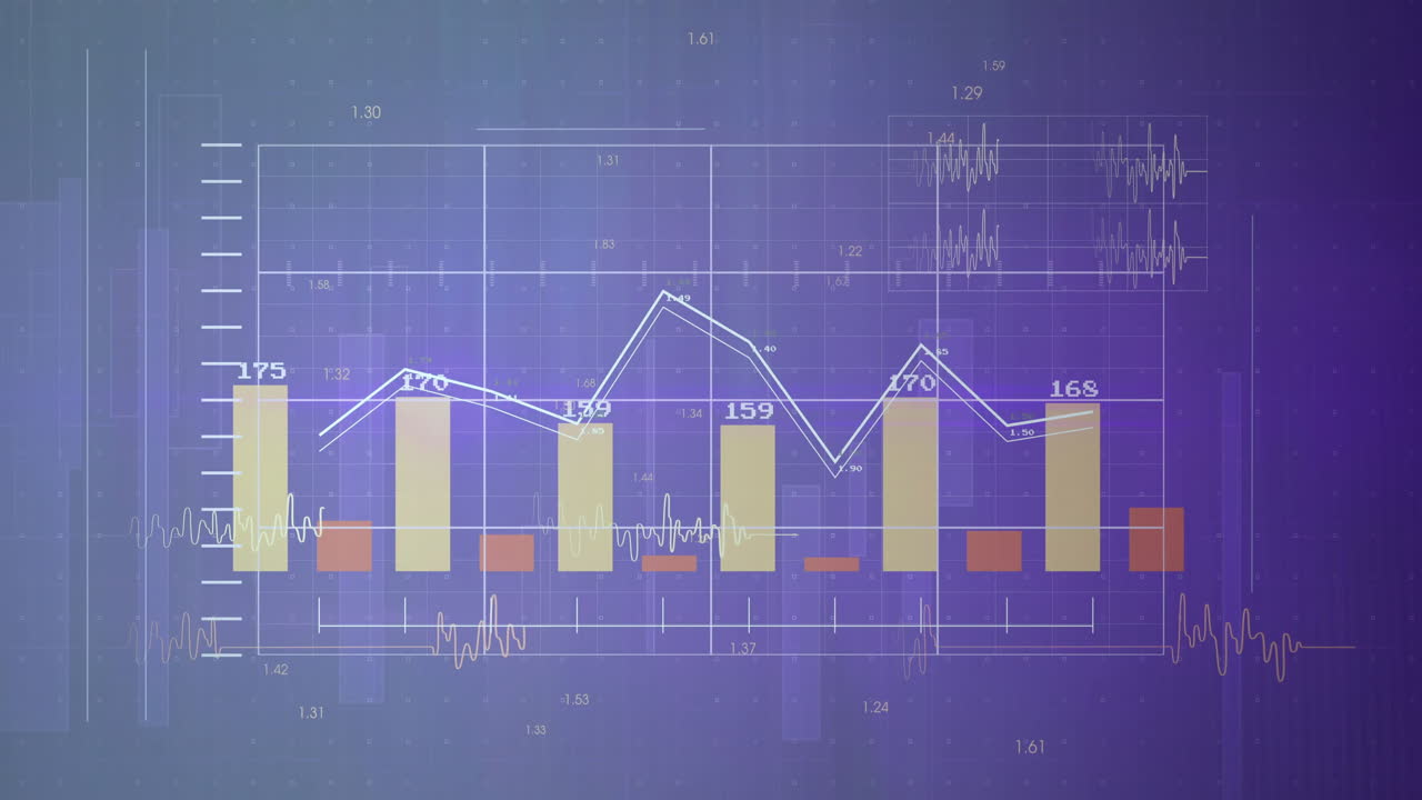 Bar and line graph data analysis animation over blue grid background