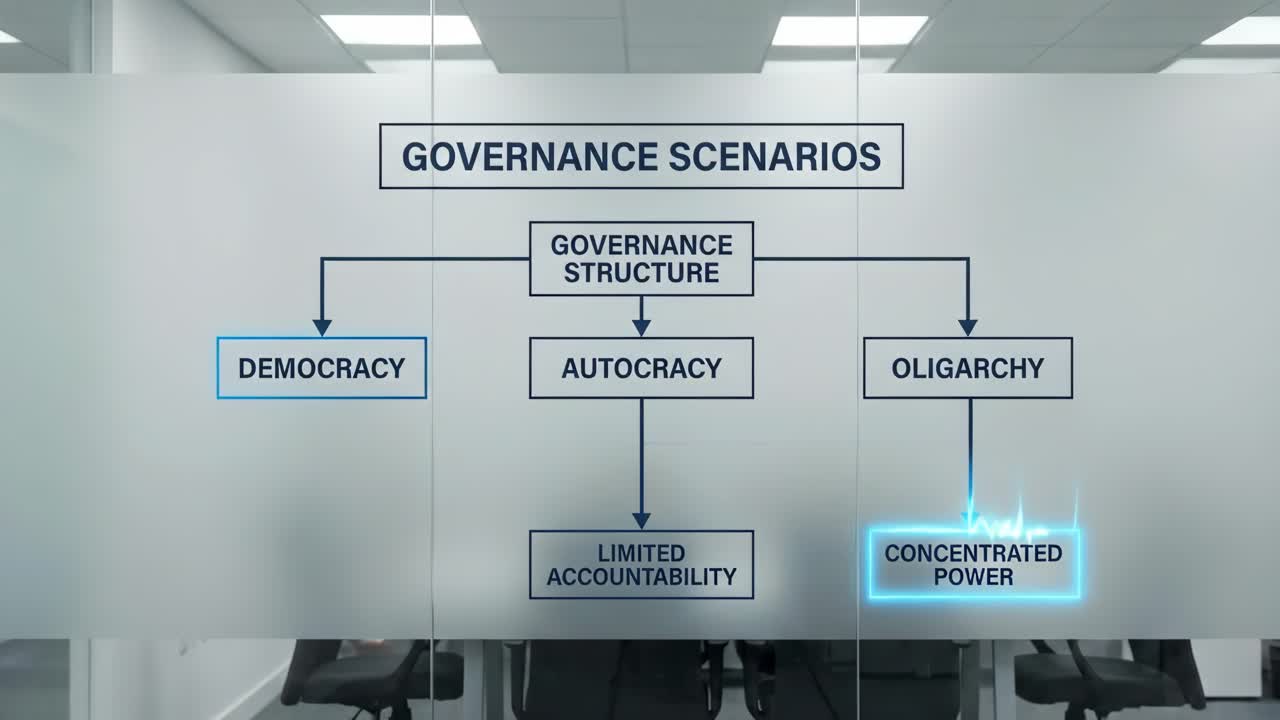 Diagramma animato di scenari di governance su vetro satinato per ufficio