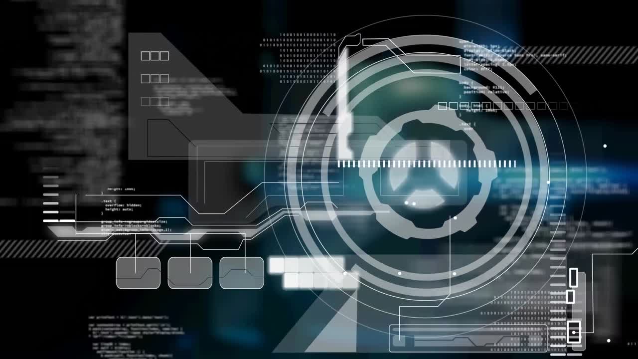 animación de la interfaz con escáner redondo y procesamiento de datos contra un fondo negro