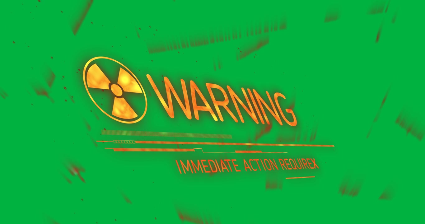 Animation of warning text and nuclear symbol on transparent background