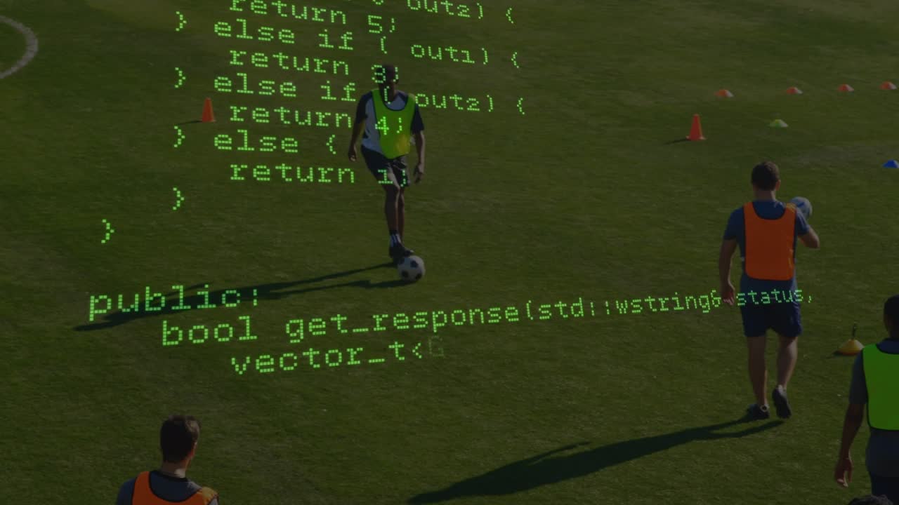Data processing against african american male soccer player practicing soccer on sports field
