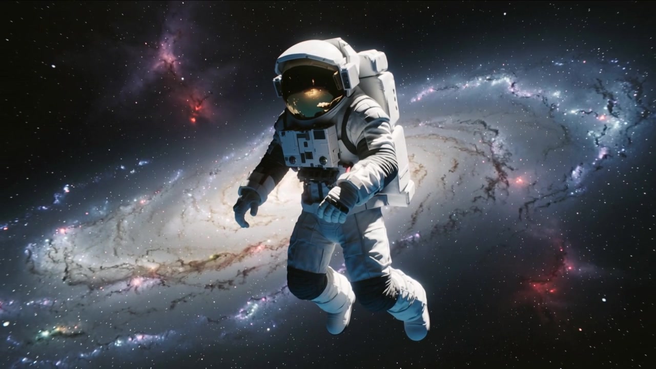 Astronauta flotando con traje EVA blanco cerca de una galaxia espiral, girando y ajustando las extremidades para el equilibrio PLSS.