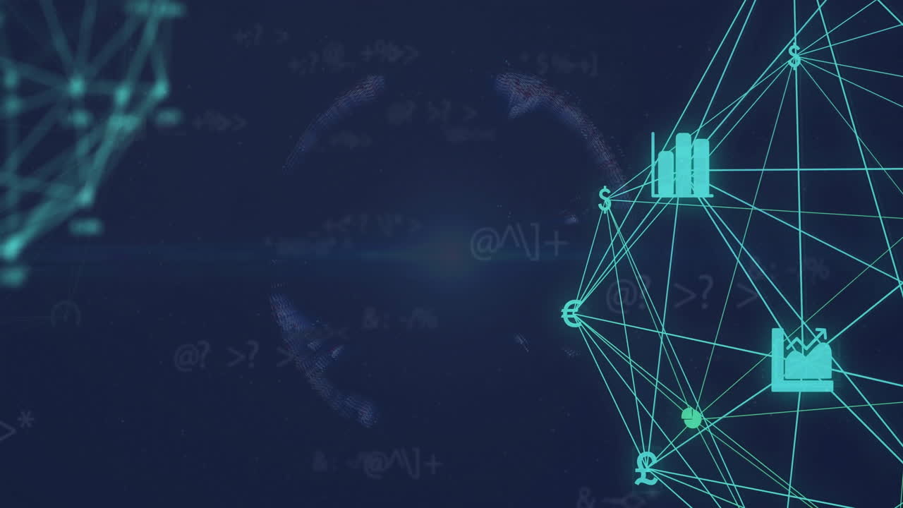 Animation of network of connections with icons on dark background