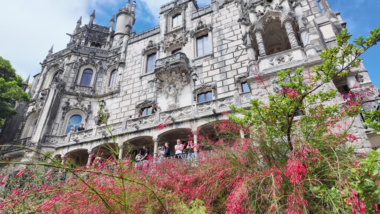 Vibrant red and green plants flourish in the lush gardens of Quinta da Regaleira, Sintra