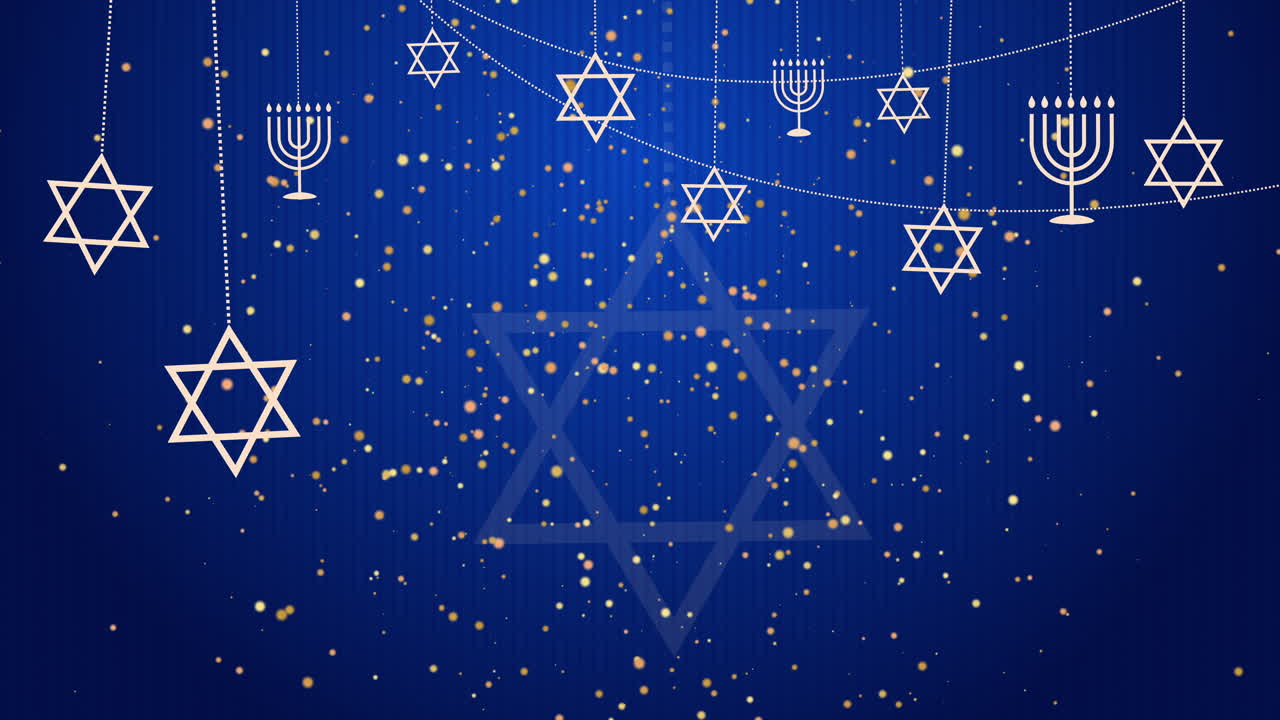 Star of David and Menorah are symbols of Judaism. Jewish characters on blue animated background with shiny particles. Looped video.