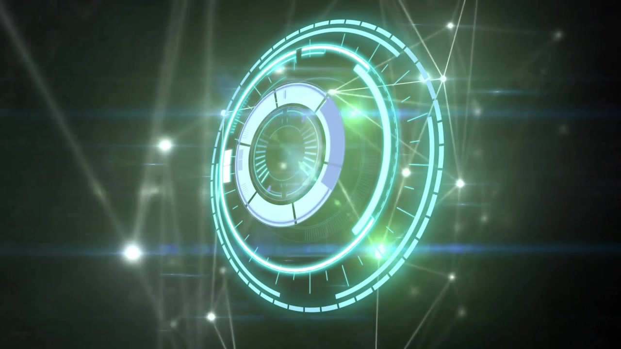Futuristic Digital Interface with Rotating Circular HUD and Network Connections