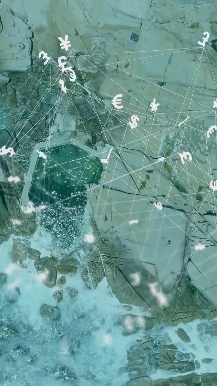 Vertical video: Financial net overlay appearing from start over hex pool, mapping currency flow