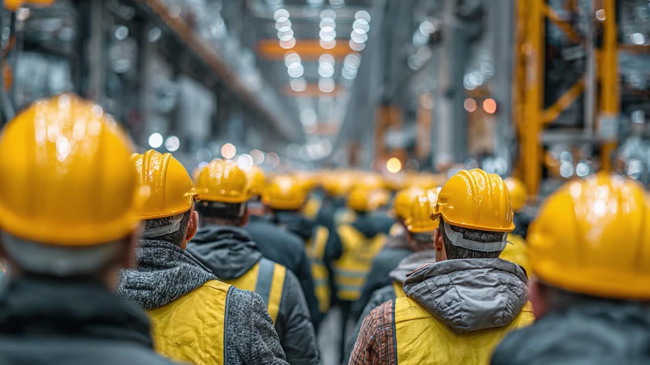 A Group of Workers in Yellow Hard Hats and Safety Vests Stand in a Large Industrial Facility, Demonstrating Teamwork and Collaboration in a Busy Manufacturing Environment