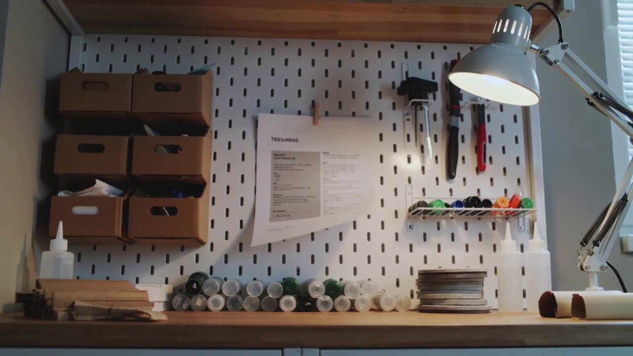Fluttering printed sheet clipped to pegboard by draft, rotating outward at craft desk with boxes