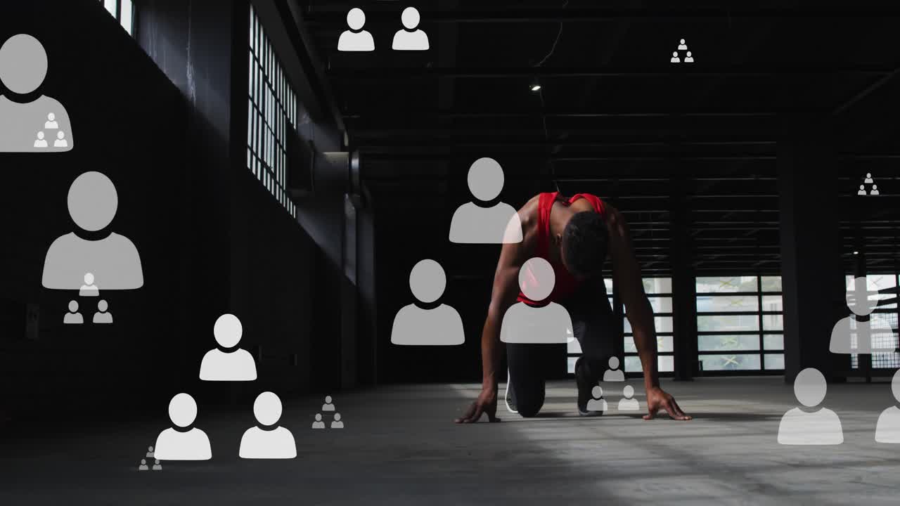 Animation of flowchart of icons over african american athlete taking position to perform sprint