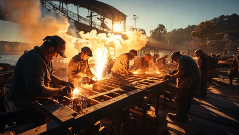 workers forge metal during sunset at a bustling foundry site