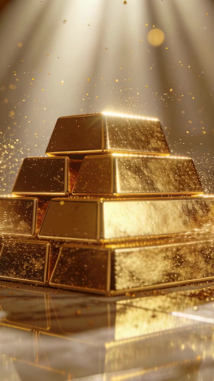 Video verticale: Fari mobili che proiettano fasci di luce nello studio, mostrando lingotti d'oro impilati e un luccichio