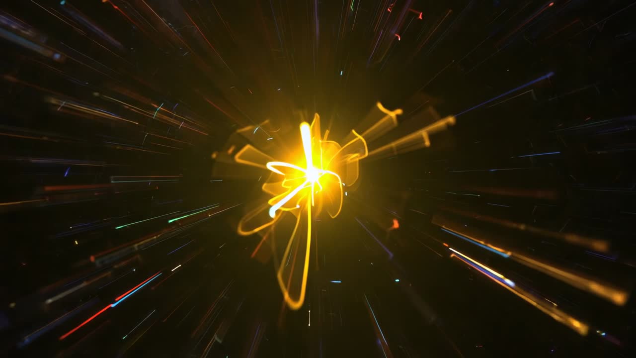 Sparking central golden core unfolding, radiating ribbons, filament and streaks across dark void