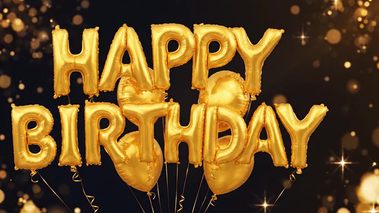 Una celebrazione festosa di momenti gioiosi: palloncini dorati compongono la scritta 'Buon Compleanno' su uno sfondo scintillante per occasioni memorabili.
