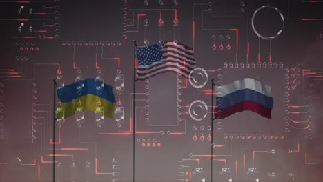 Animation-of-circuit-baord-over-flag-of-russia,-ukraine-and-united-states-of-america