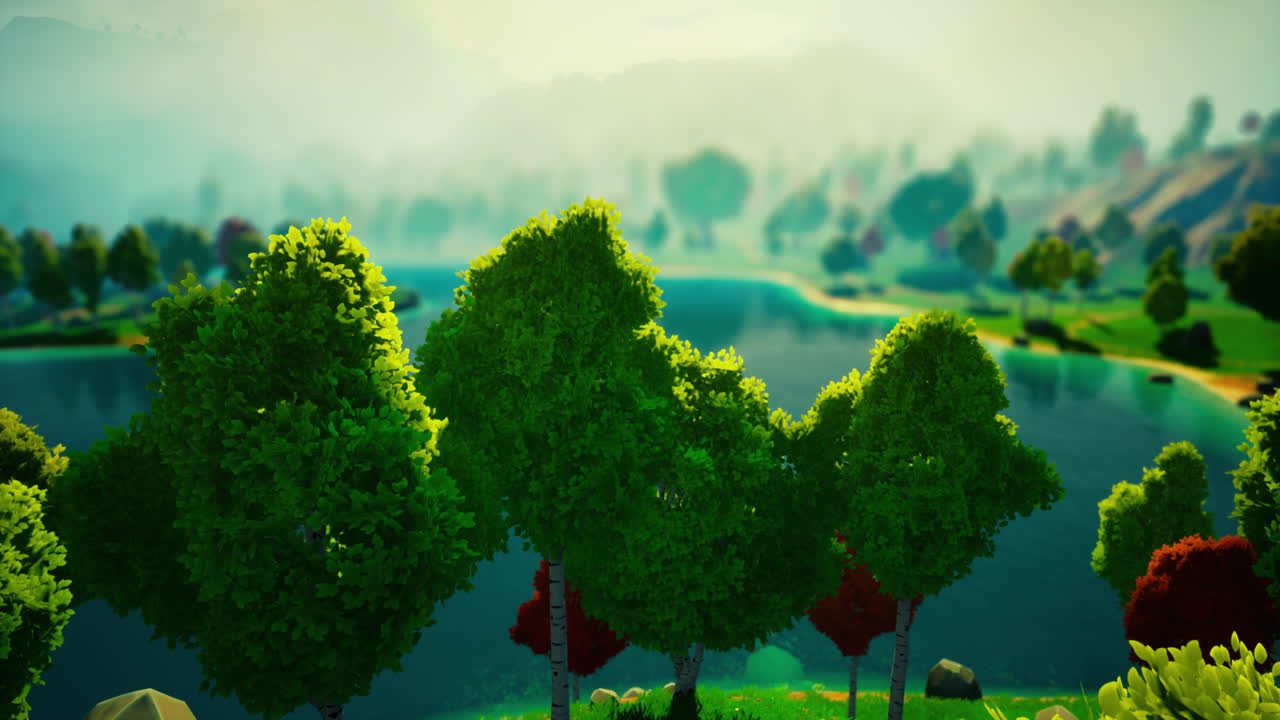 paisaje de bosque verde de dibujos animados con árboles y lago