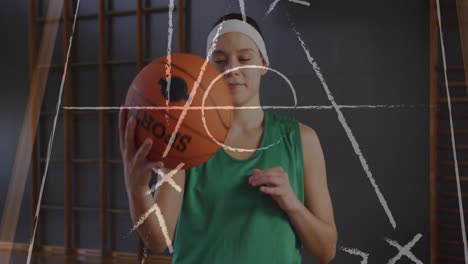 Animation-Der-Zeichnung-Eines-Spielplans-über-Einer-Kaukasischen-Basketballspielerin