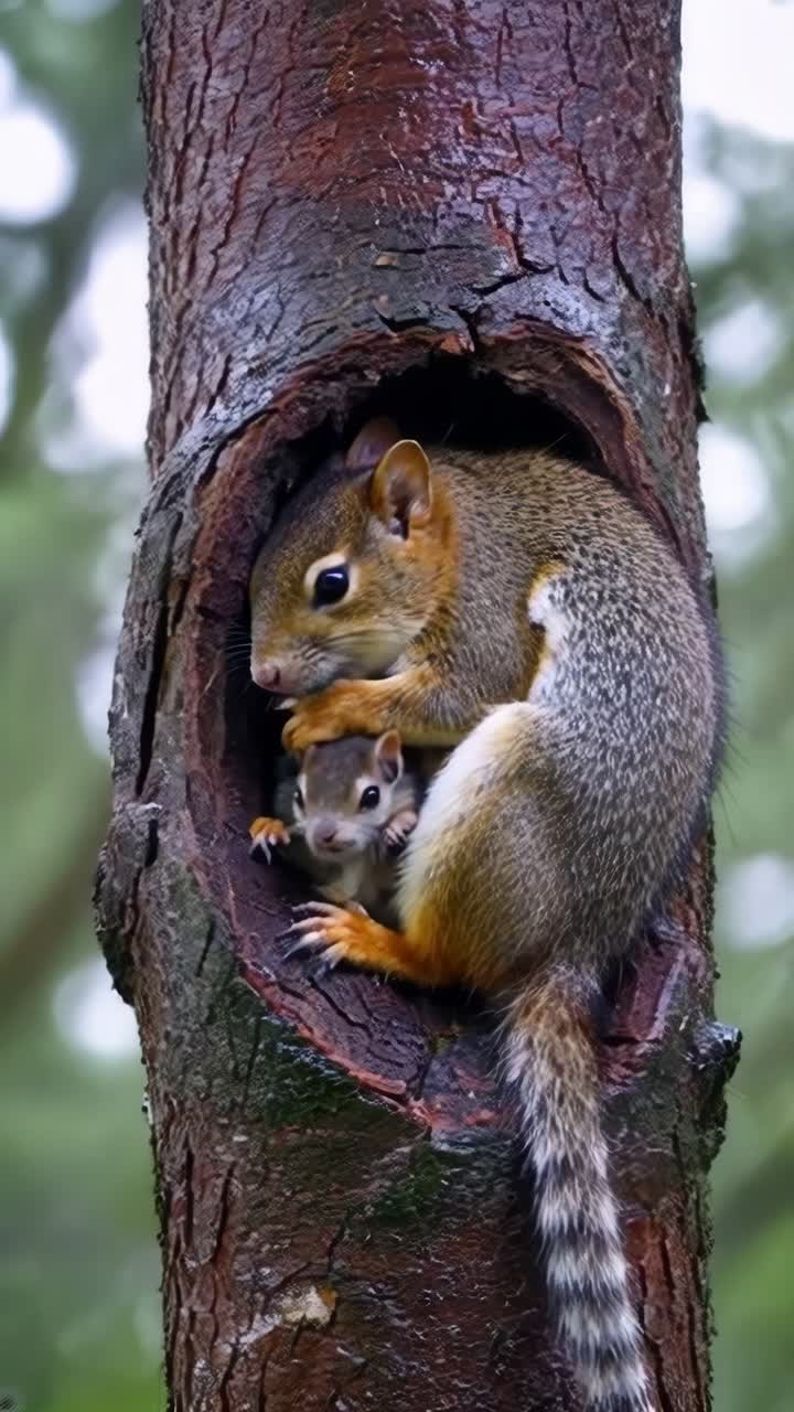 Una mamma scoiattolo rannicchiata strettamente attorno ai suoi minuscoli cuccioli nel cavo di un tronco d'albero.