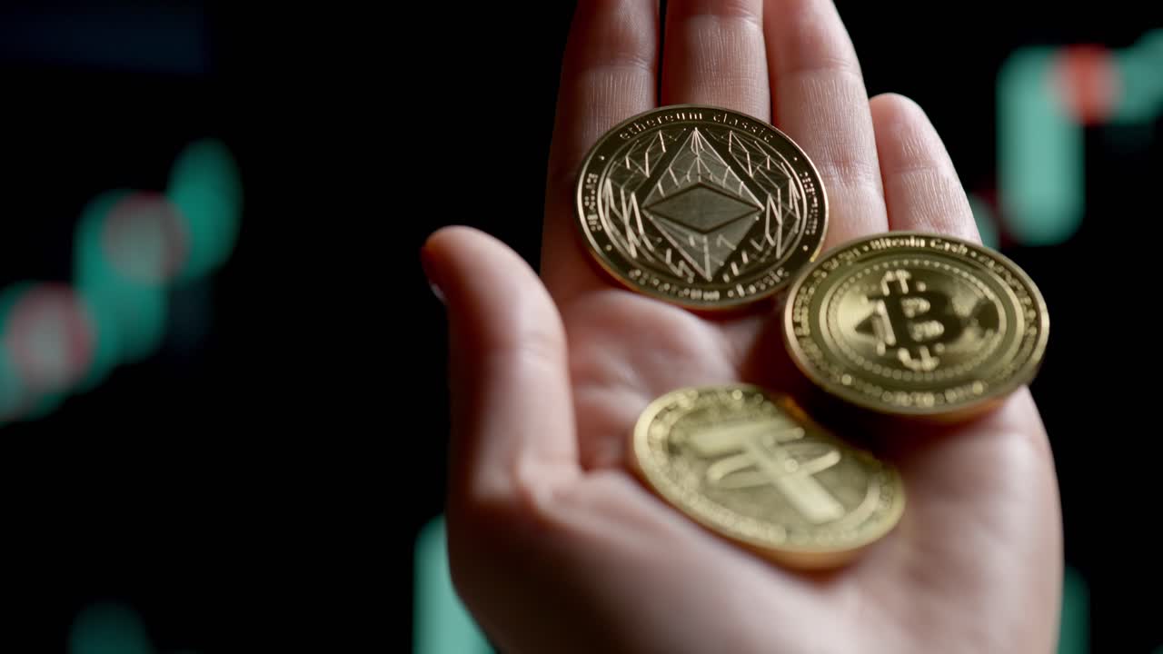 abra la palma sosteniendo varias monedas de oro de criptomoneda contra un fondo digital oscuro