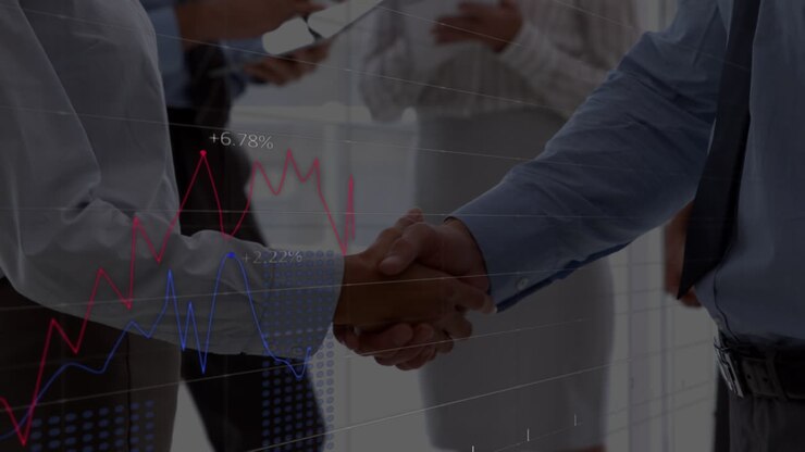 Animazione di dati finanziari su uomini d'affari caucasici che si stringono la mano