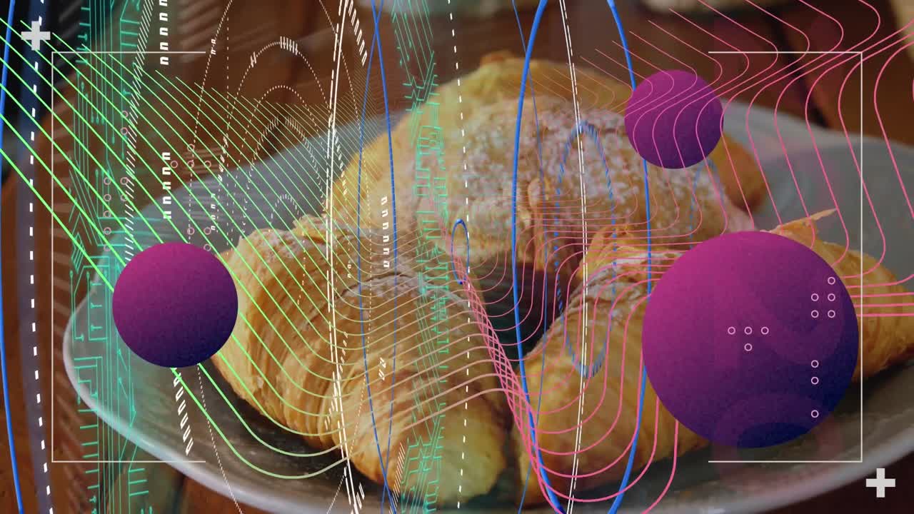 animación de pantalla digital con esferas y datos sobre croissants