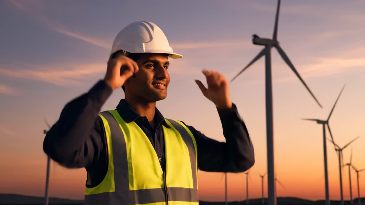 Engineer at a Wind Farm During Sunset