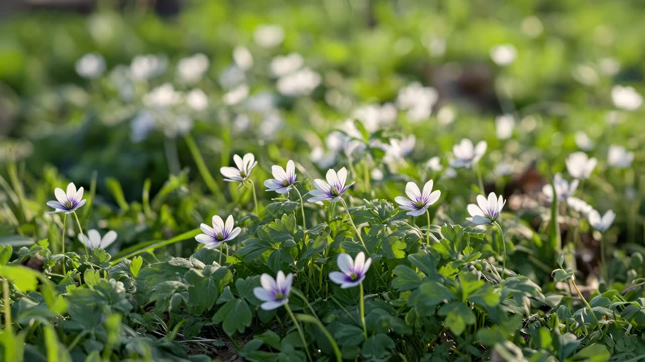Close-up video of white flowers in a lush green field, captured from a low angle