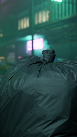 a black garbage bag sitting on a street at night with neon lights in the background