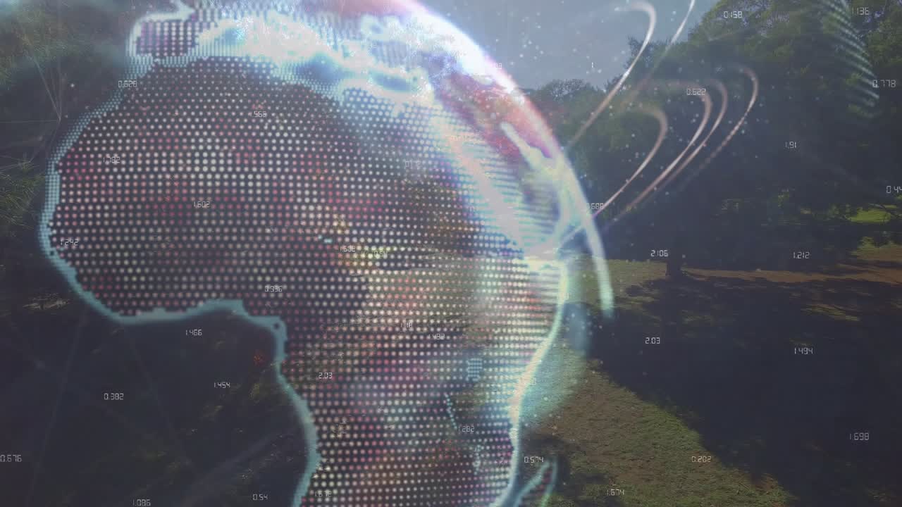 Rotating data globe revealing parents helping child walking across park lawn as graphics receding