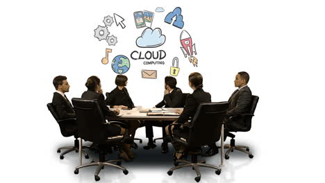 Geschäftsleute-Schauen-Auf-Einen-Futuristischen-Bildschirm-Mit-Dem-Cloud-Computing-Symbol