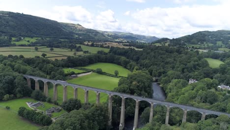 pull back aerial shot above llangollen aqueduct in east wales