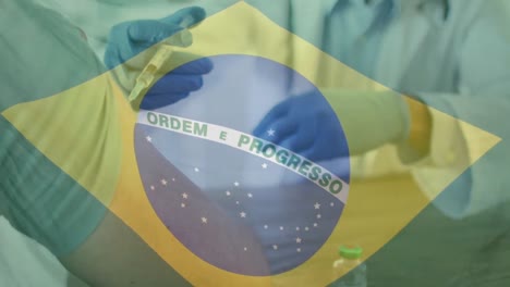 Animation-of-flag-of-brazil-over-hands-of-doctor-in-gloves-giving-patient-covid-vaccination