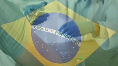 animación de la bandera de brasil sobre las manos del médico con guantes dando vacunación contra la covid al paciente