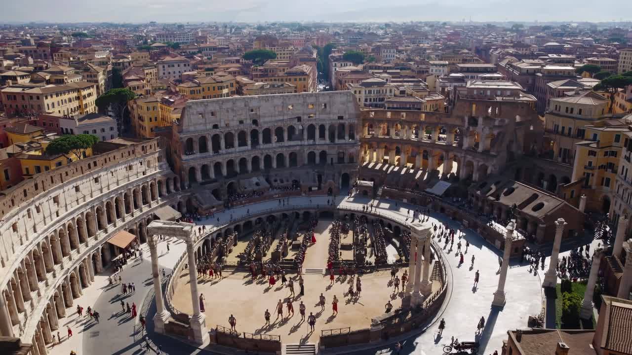 Aerial view of the Colosseum in Rome, capturing its grandeur and surrounding cityscape