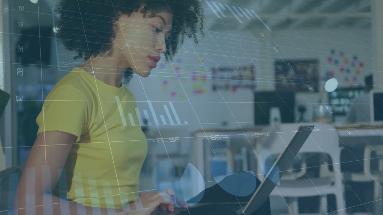 Animation of data processing over biracial businesswoman using laptop