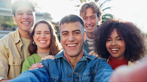 group of diverse young friends taking a happy selfie outdoors