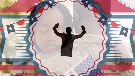 animation of cotillion, flags and human silhouette over african american father and daughter