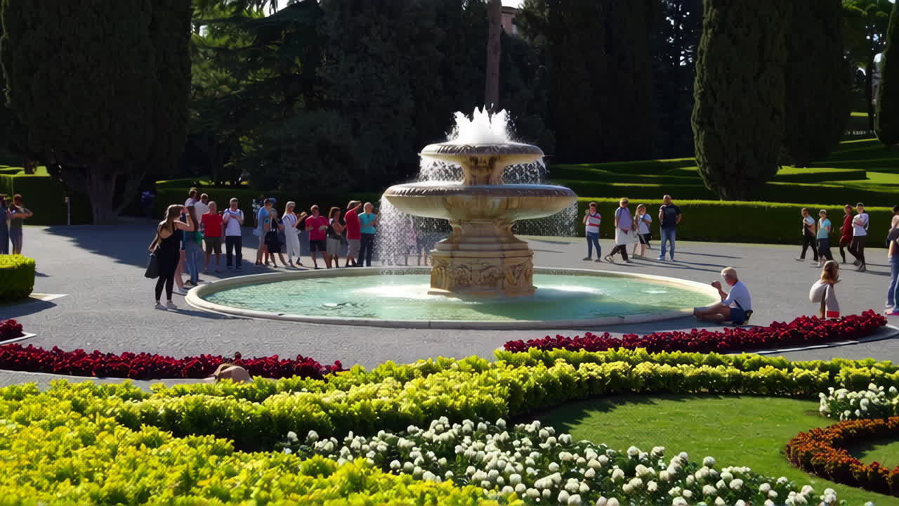 Vatican Gardens Fountain with Tourists