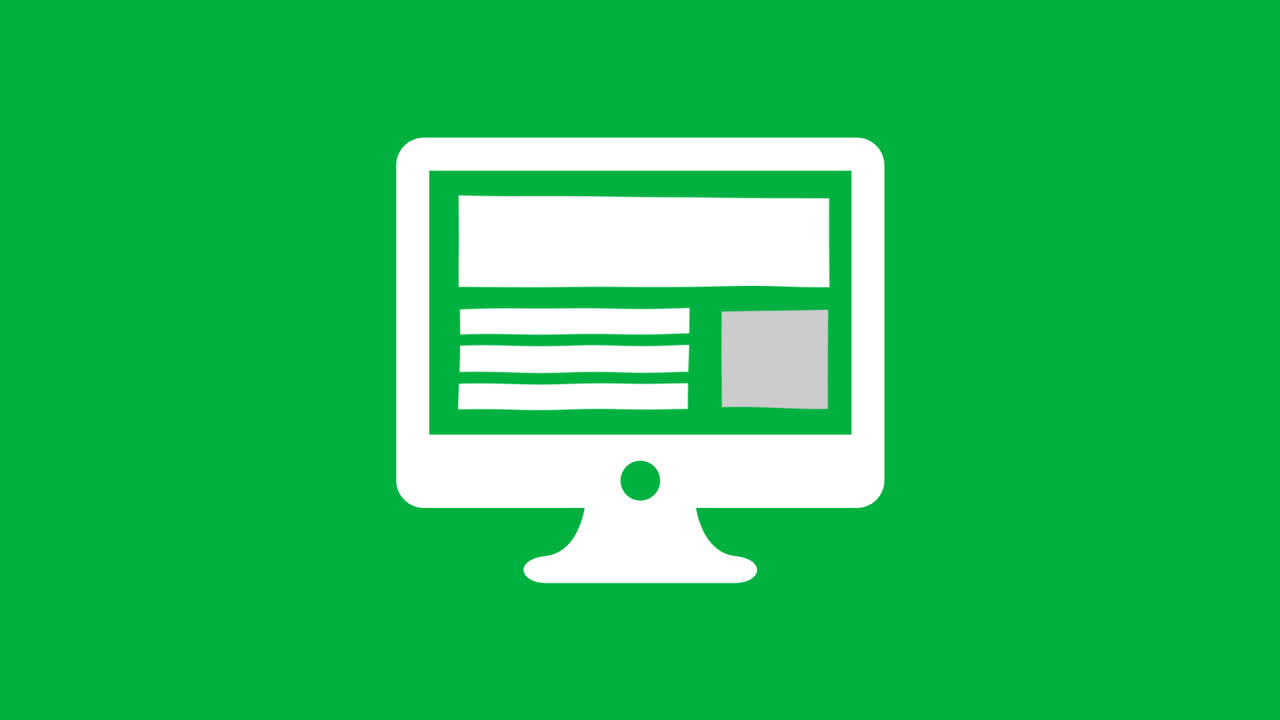 Icona animata monitor computer con contenuto di pagina web su schermo verde