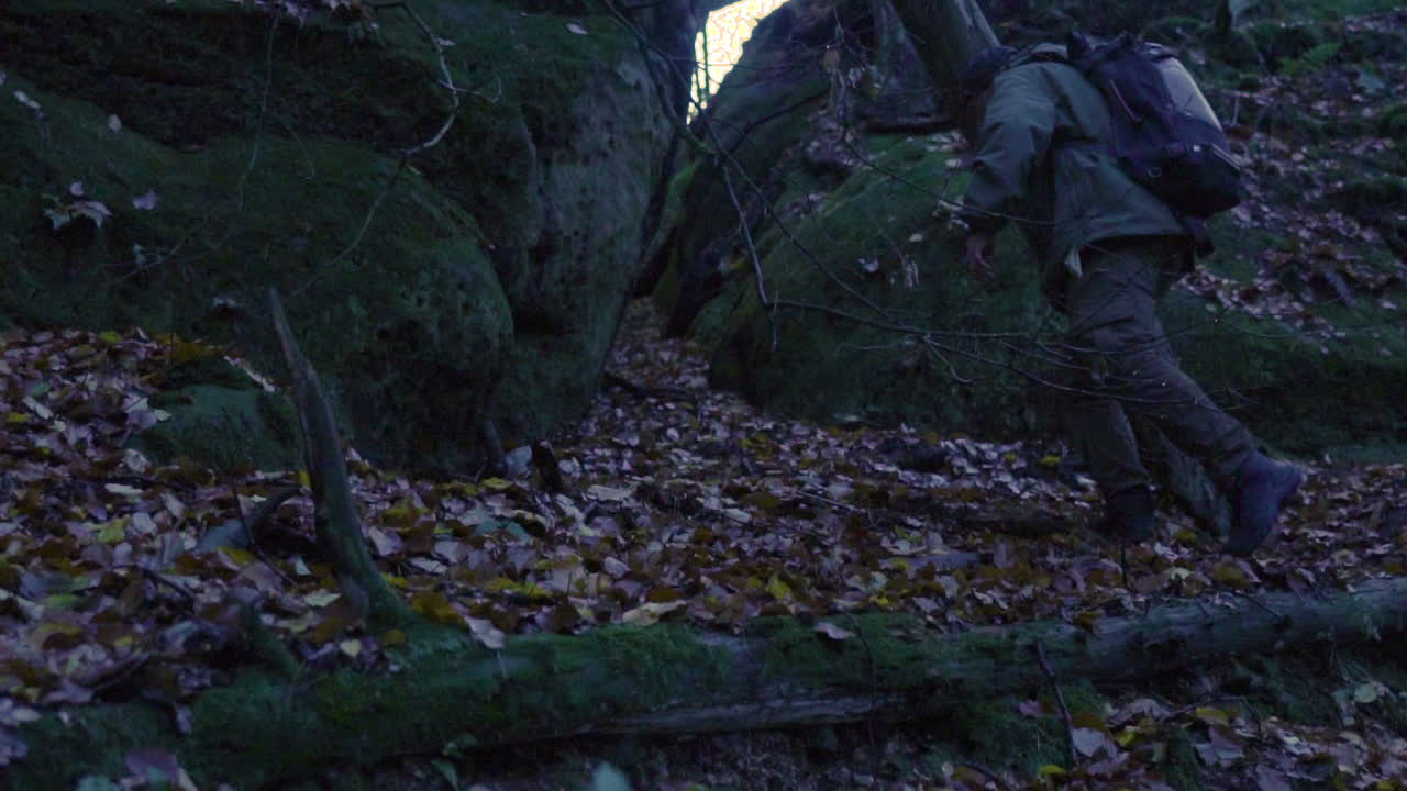tiro amplio de ángulo bajo del hombre caminando en el bosque cuesta arriba entre rocas