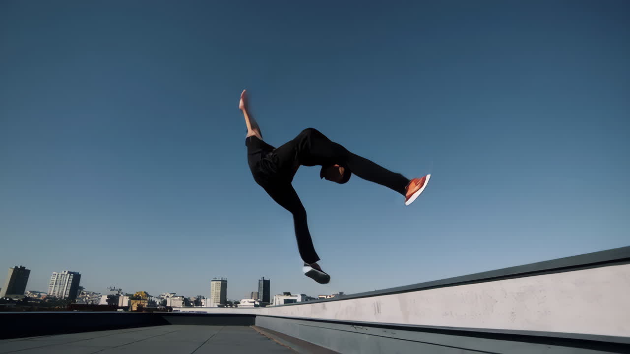 A person performing parkour/freerunning on a city rooftop