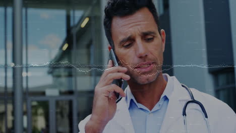 talking on phone, doctor with sound wave animation overlay in office