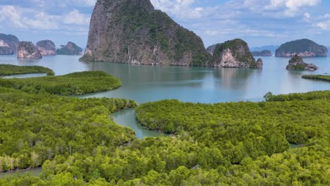 drone footage captures lush mangroves and limestone cliffs in phang nga, thailand, under bright daylight, showcasing natural beauty and tranquility
