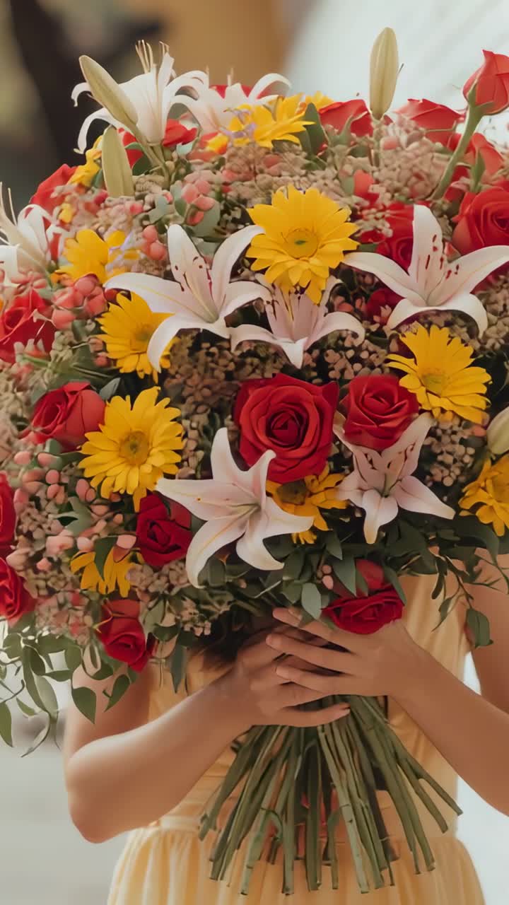 Video verticale: Inquadratura stretta di una donna con un abito giallo che spinge un bouquet in un corridoio per rivelare dei gigli
