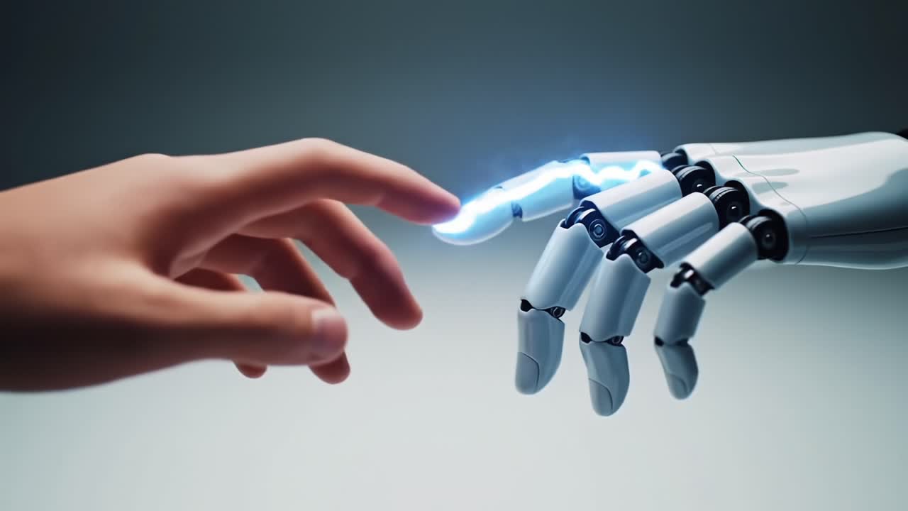 A Moment of Connection: The Intriguing Interaction Between Human and Robotic Hands Representing the Fusion of Technology and Humanity