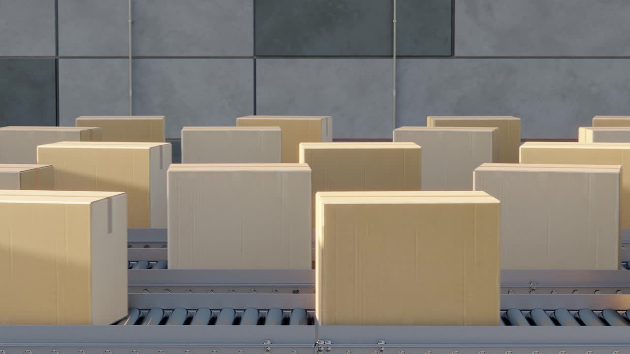Boxes on conveyor belts in warehouse ready for shipping. infinite 3d loop
