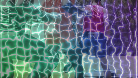 in school, animation showing colorful abstract pattern overlaying people in motion
