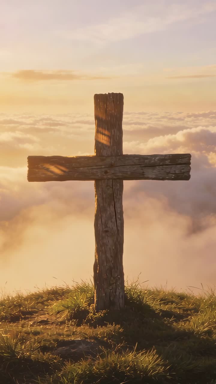 Cruz de madera inmóvil, con el sol saliendo, las nubes desplazándose y la luz transformando el paisaje.