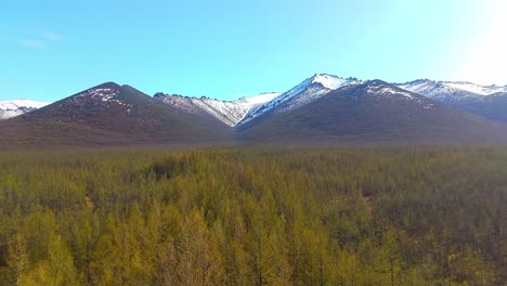 a peaceful mountain landscape with snow-covered peaks, lush green forest, and blue skies on a clear day